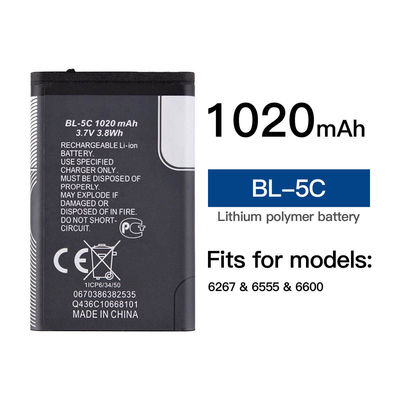 Baterías recargables para teléfonos móviles BL-5C Liion para Nokia 6600 6230 3650 E50 N70 1100 6268 E70 3.7V 1020mAh